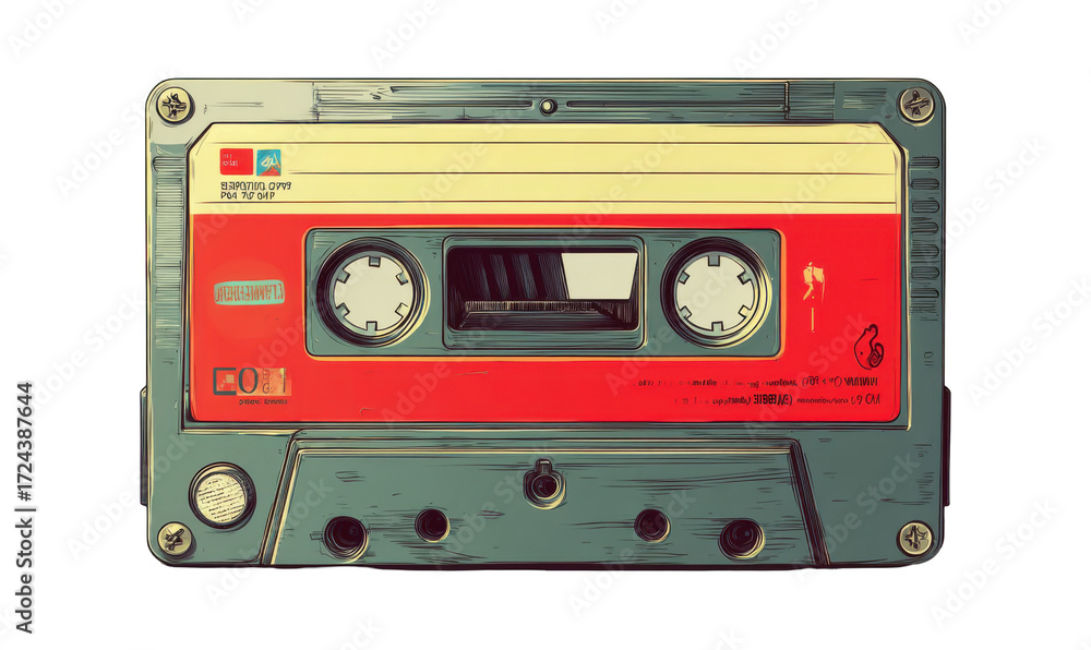 Fototapeta premium Vintage audio cassette tape with red and yellow label on a white background.