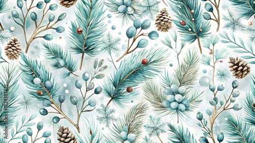 Seamless winter botanical pattern in delicate watercolor style