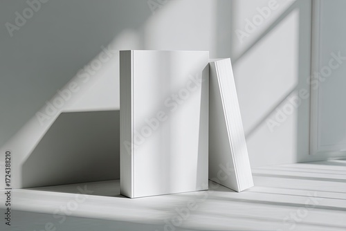 Two blank white boxes in a sunlit room