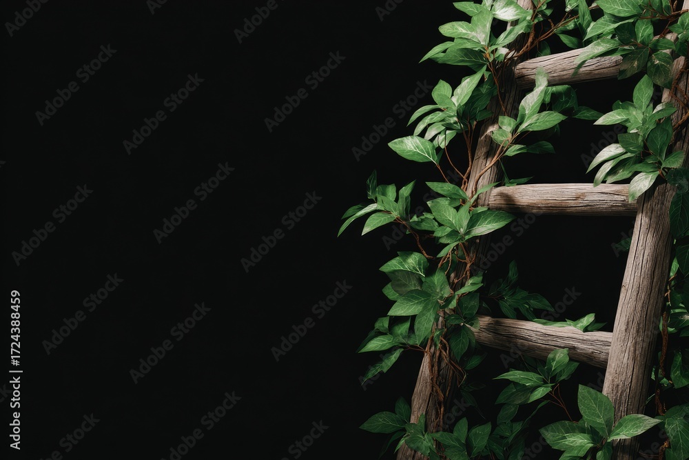 Obraz premium Rustic wooden ladder draped with vibrant greenery