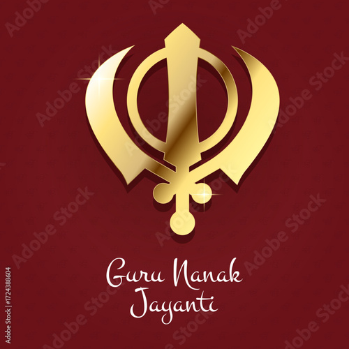 Guru Nanak Jayanti poster card banner with Khanda Sikh religious symbol. Sikhism celebration design, creative greeting festival background. Punjab Gurpurab concept. Vector illustration