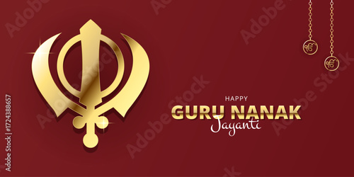 Guru Nanak Jayanti horizontal banner with Khanda Sikh religious symbol. Sikhism celebration design, creative greeting festival background. Punjab Gurpurab concept. Vector illustration