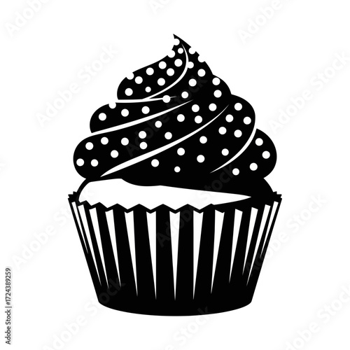 Black and white cupcake with polka dot frosting