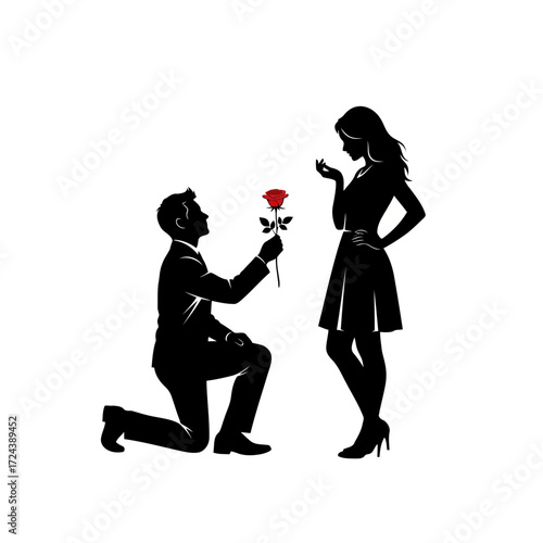 Man proposing with a rose to a woman