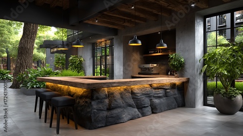 Contemporary restaurant design with sleek black chairs, large open floor plan, concrete walls, and a central bar with backlit shelves. , 