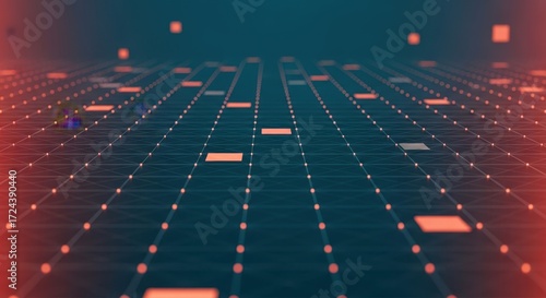 Futuristic digital grid with orange dots and squares abstract technology background network