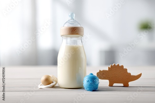 Baby bottle and toys on a table