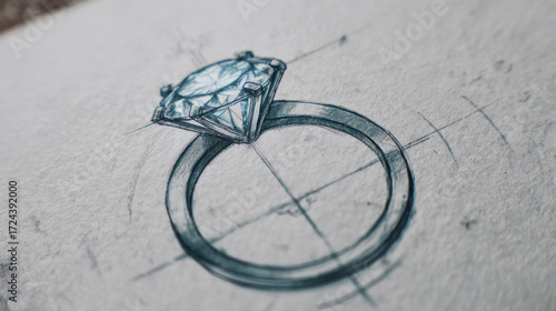 Elegant diamond ring sketch on textured paper with detailed geometric shapes and soft shadows, emphasizing the craftsmanship and design intricacies of jewelry illustration.