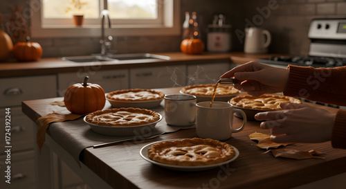 Home Kitchen Scene with Person Serving Thanksgiving Pie and Coffee in Cozy Autumn Atmosphere