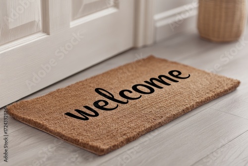 Welcome doormat on light-colored floor
