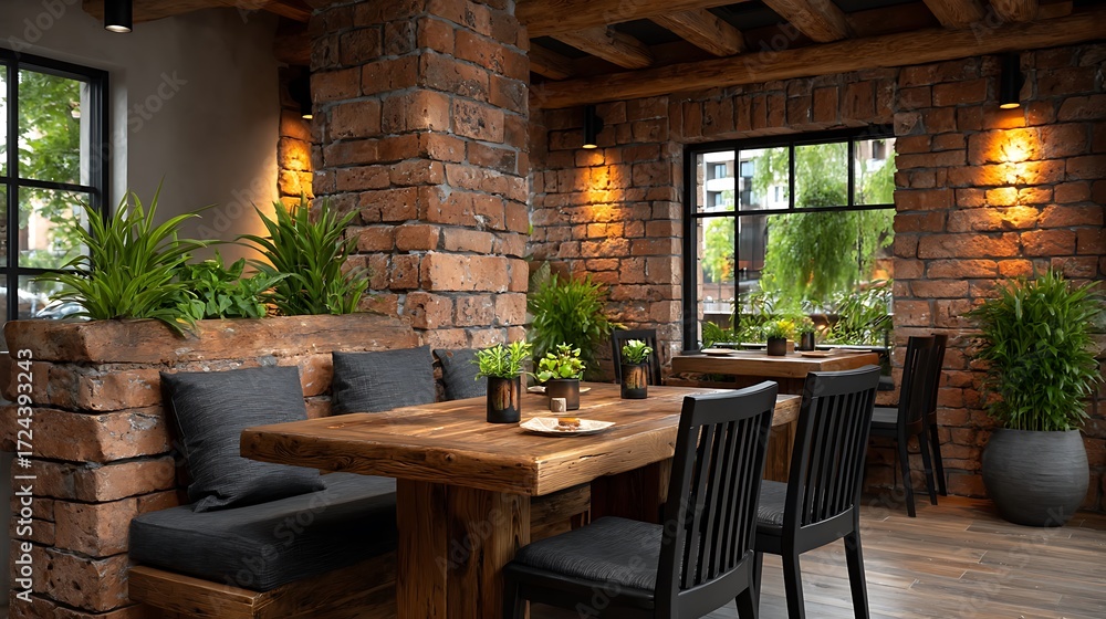 Fototapeta premium Cozy empty restaurant with brick accent walls, ambient lighting, wood floors, and contemporary dining furniture arranged neatly. ,