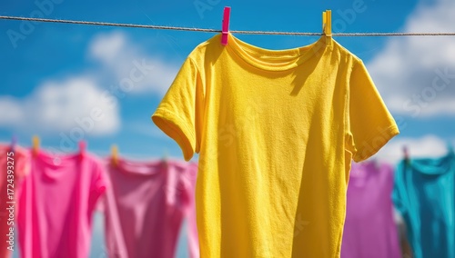 Bright yellow t-shirt hanging on a clothesline against a partly cloudy sky