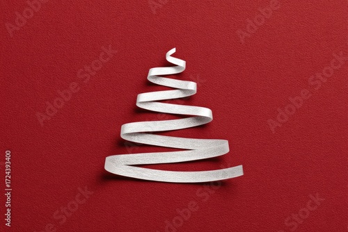 White ribbon Christmas tree on red background