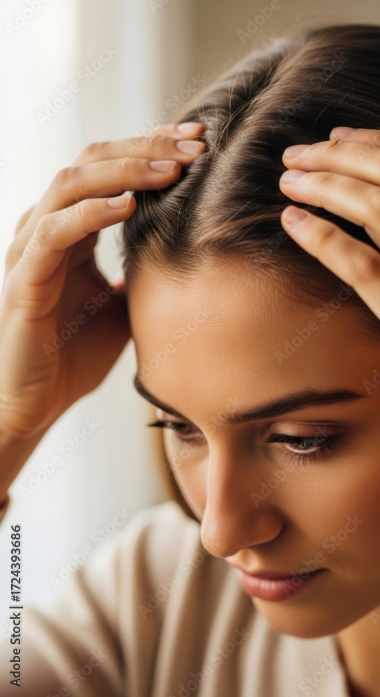 Fototapeta premium Woman checking her hair growth and hair loss. Hair care concern and problem concept. Female inspecting her scalp.