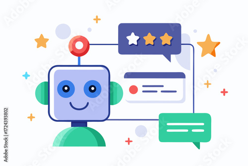 Vector flat illustration showing a man giving a star rating to an AI chatbot on a digital interface. Perfect for concepts related to customer feedback, online reviews, chatbot interaction, user satisf