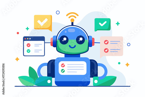 Vector flat illustration showing a man giving a star rating to an AI chatbot on a digital interface. Perfect for concepts related to customer feedback, online reviews, chatbot interaction, user satisf