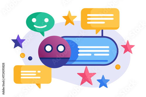 Vector flat illustration showing a man giving a star rating to an AI chatbot on a digital interface. Perfect for concepts related to customer feedback, online reviews, chatbot interaction, user satisf