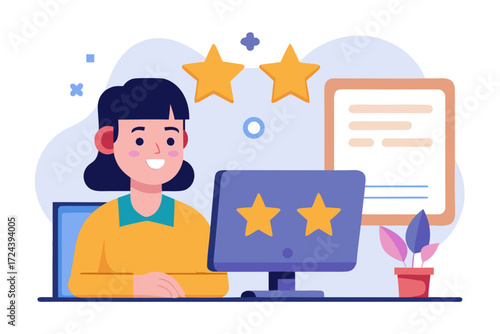 Vector flat illustration showing a man giving a star rating to an AI chatbot on a digital interface. Perfect for concepts related to customer feedback, online reviews, chatbot interaction, user satisf
