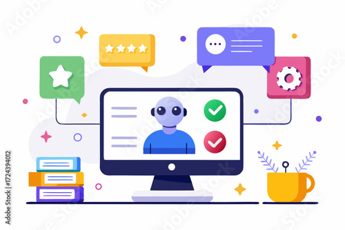 Vector flat illustration showing a man giving a star rating to an AI chatbot on a digital interface. Perfect for concepts related to customer feedback, online reviews, chatbot interaction, user satisf