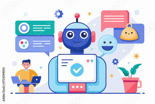 Vector flat illustration showing a man giving a star rating to an AI chatbot on a digital interface. Perfect for concepts related to customer feedback, online reviews, chatbot interaction, user satisf