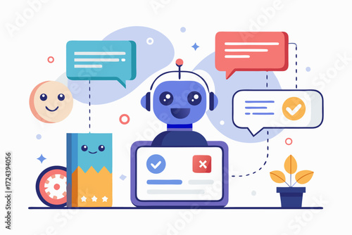 Vector flat illustration showing a man giving a star rating to an AI chatbot on a digital interface. Perfect for concepts related to customer feedback, online reviews, chatbot interaction, user satisf