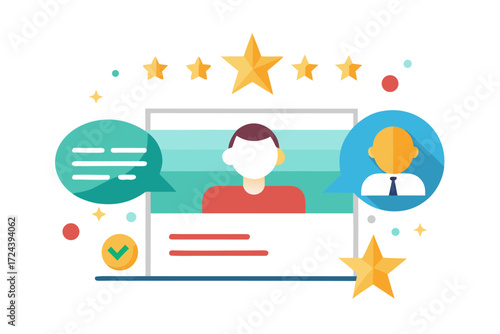 Vector flat illustration showing a man giving a star rating to an AI chatbot on a digital interface. Perfect for concepts related to customer feedback, online reviews, chatbot interaction, user satisf
