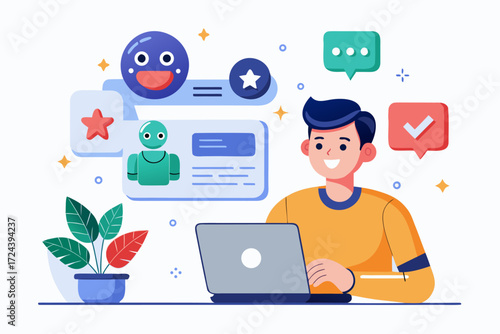 Vector flat illustration showing a man giving a star rating to an AI chatbot on a digital interface. Perfect for concepts related to customer feedback, online reviews, chatbot interaction, user satisf