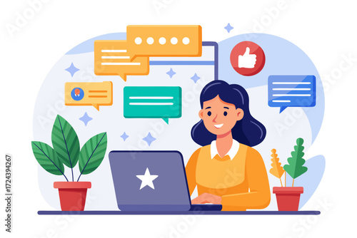 Vector flat illustration showing a man giving a star rating to an AI chatbot on a digital interface. Perfect for concepts related to customer feedback, online reviews, chatbot interaction, user satisf