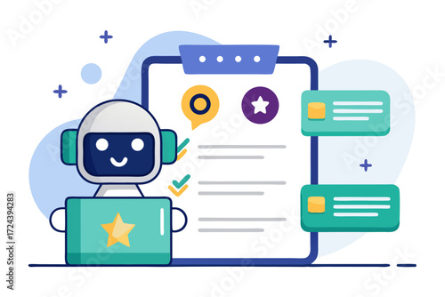 Vector flat illustration showing a man giving a star rating to an AI chatbot on a digital interface. Perfect for concepts related to customer feedback, online reviews, chatbot interaction, user satisf