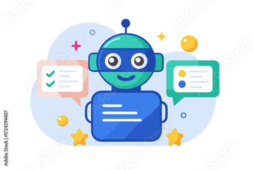 Vector flat illustration showing a man giving a star rating to an AI chatbot on a digital interface. Perfect for concepts related to customer feedback, online reviews, chatbot interaction, user satisf
