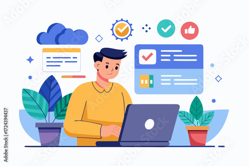 Vector flat illustration showing a man giving a star rating to an AI chatbot on a digital interface. Perfect for concepts related to customer feedback, online reviews, chatbot interaction, user satisf