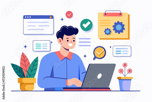 Vector flat illustration showing a man giving a star rating to an AI chatbot on a digital interface. Perfect for concepts related to customer feedback, online reviews, chatbot interaction, user satisf