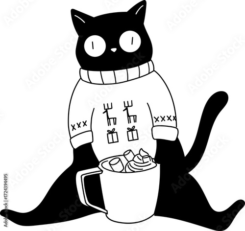 Black cat in a sweater holding hot chocolate