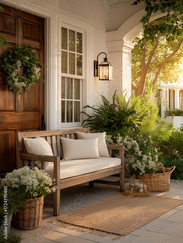 Tranquil Front Porch Scene: A welcoming and beautifully decorated front porch with a wooden bench and decorative pillows creating an inviting scene. Surrounded by lush plants and gentle sunlight