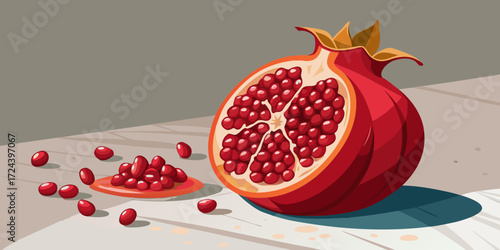 Extreme close-up of a pomegranate with seeds bursting out, some seeds scattered on a light marble surface. Juicy, glistening red seeds, sharp focus, bright lighting, vibrant, healthy superfood concept