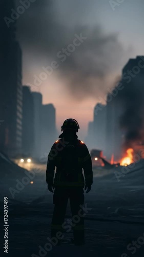 Silhouette of a brave firefighter in protective gear standing on a smoky city street, surveying the aftermath of a disaster with distant fires burning at dusk.
