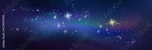 Milky way wide banner. Space background with white stars. Starry night design. Stardust or glitter texture. Constellation backdrop for web, app or poster.