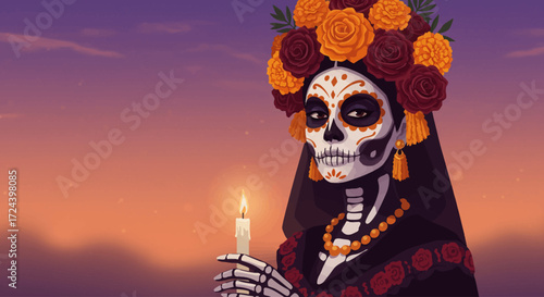 This flat design portrait features an elegant woman adorned in traditional La Catrina makeup and a floral headpiece, holding a candle for Day of the Dead. 