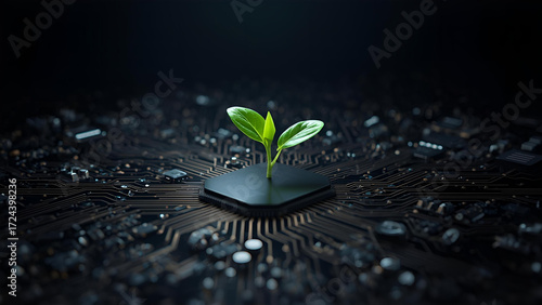 Green technology concept with a glowing green plant seedling growing from a futuristic technology circuit board