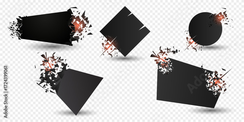 Explosion banners. Square and circle destruction shapes with debris isolated on white background. 3d effect of particles.