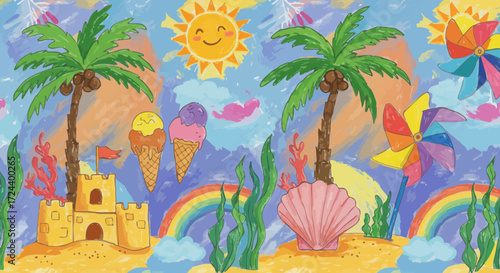Cheerful Summer Beach Scene with Playful Illustrations and Bright Colors