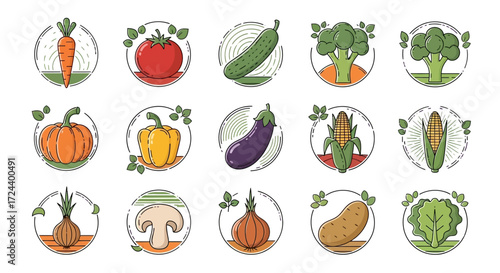 Wallpaper Mural A collection of colorful vegetable illustrations, neatly arranged in circles, showcasing various common produce. Torontodigital.ca