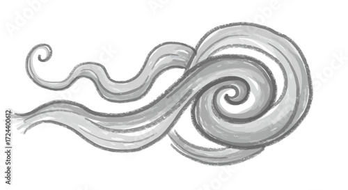 Whimsical swirling vapor cloud illustration in grayscale tones on white background