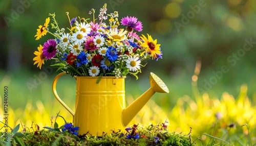 Fototapeta Naklejka Na Ścianę i Meble -  Vibrant wildflowers in a yellow watering can