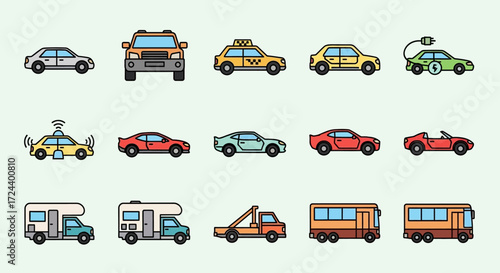 A collection of pixelated vehicle icons, including cars, trucks, taxis, RVs, buses, and a tow truck, on a light green background.