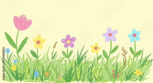 Delightful meadow of crayon-drawn flowers in vibrant pastel colors art design