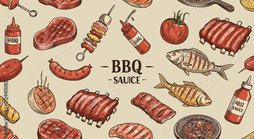Hand-drawn seamless pattern featuring BBQ elements for creating a delicious backdrop