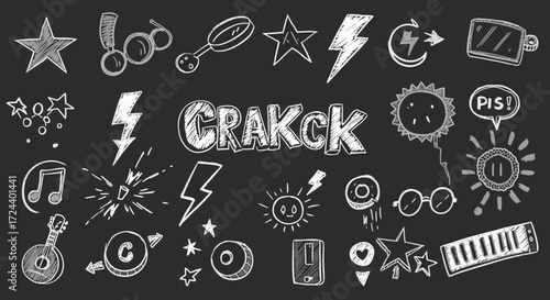 Hand-Drawn Chalkboard Icons with Music, Energy, and Tech Themes for Creative Projects