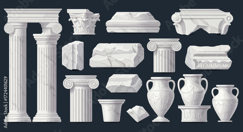 Ancient Greek and Roman architectural elements columns capitals vases and stone blocks