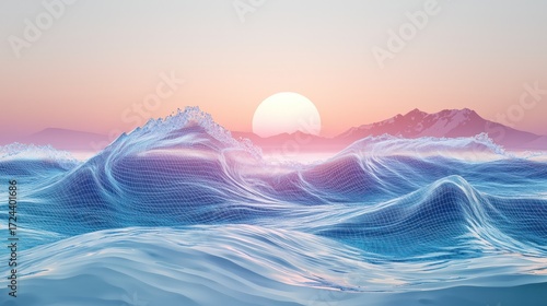 Abstract waves under setting sun digital artwork nature and scenic design